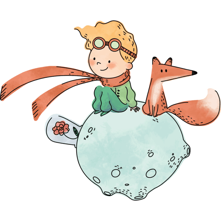 el principto con el zorro y la flor sentado en un planeta